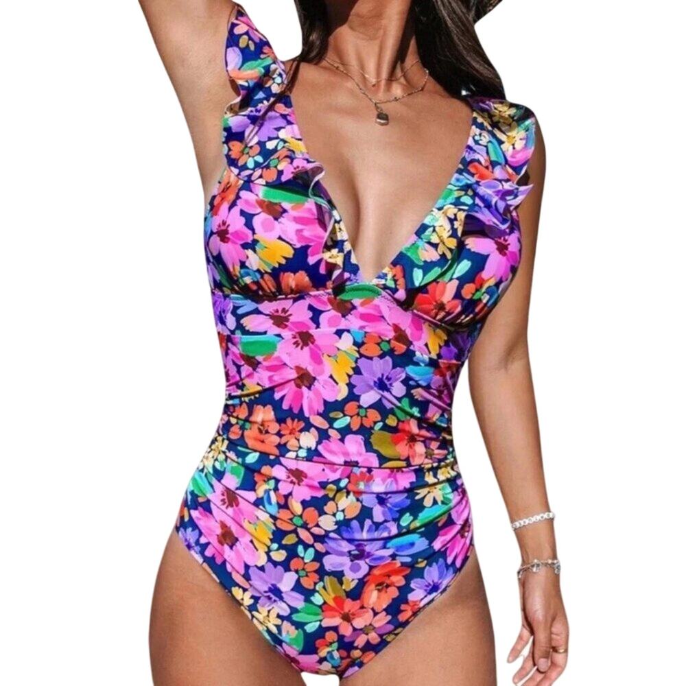 CUPSHE Women One Piece Swimsuit Size S Multicolor Floral Ruffle Lace Up Back NWT